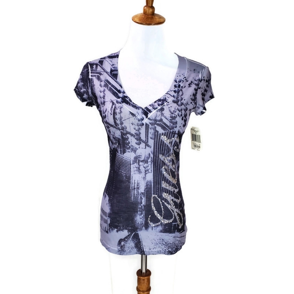 Guess T Shirt Burnout Y2K Rhinestone Cap Sleeve NWT Baby T V-neck Semi Sheer S